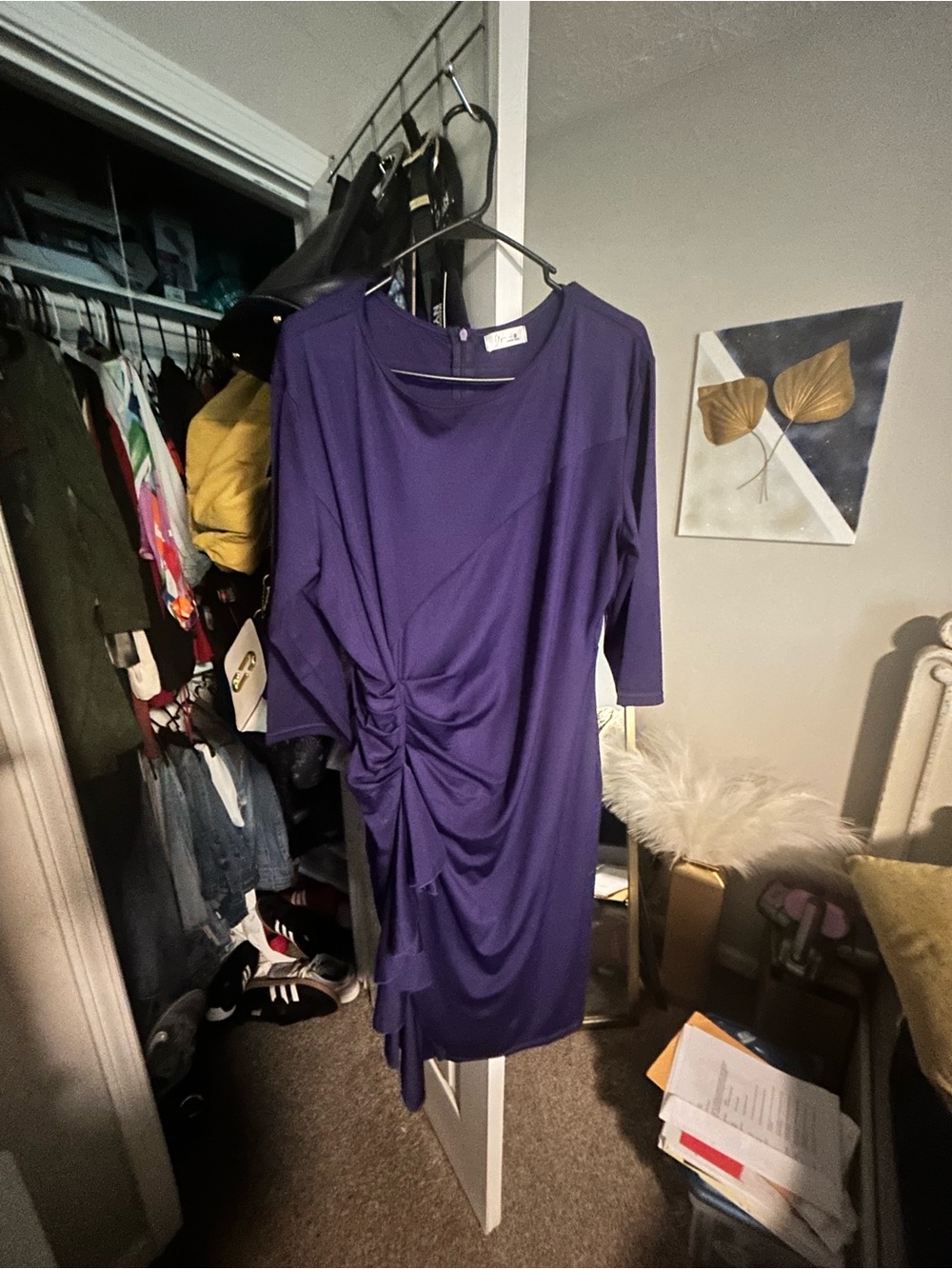 Women's Long-Sleeve Purple Ruched Midi Dress
